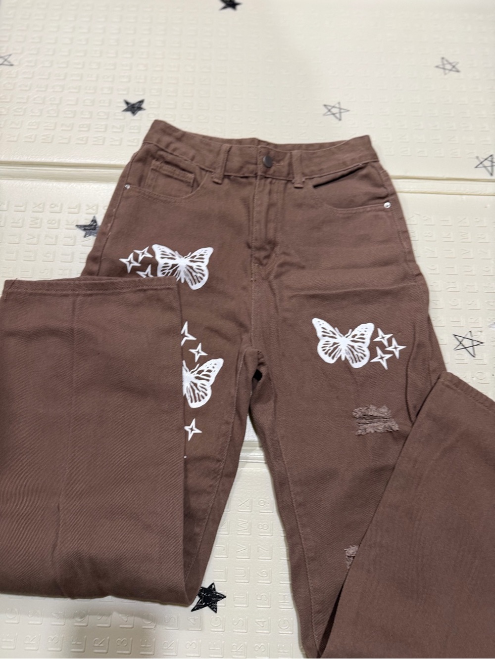 SHEIN Brown High-Rise Jeans with White Butterfly Print